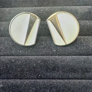 Vintage Monet White and Gold Tone Enamel‎ Geometric Half Circle Clip On Earring